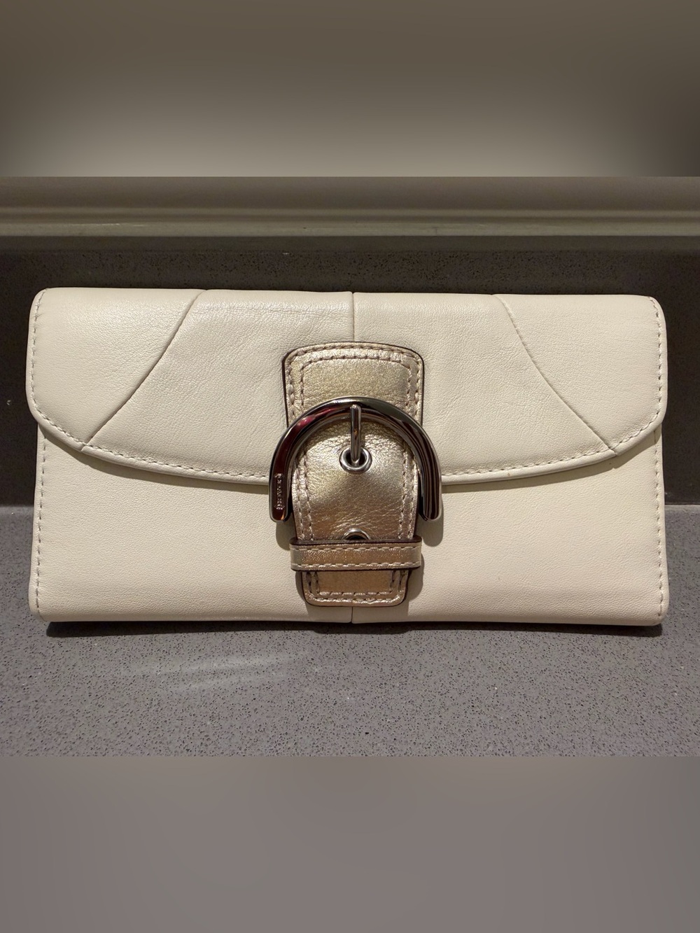 Coach SoHo Ivory and Gold Metallic Slim Envelope Wallet.